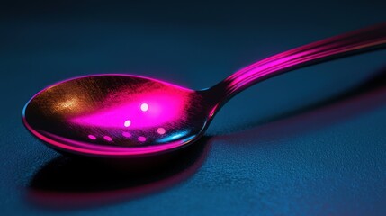 Wall Mural - Close-up of a spoon, vibrant neon pink glow, dark studio backdrop, still life