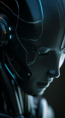 Poster - Close-up of a female android face, dark metallic, with glowing blue accents.  Illustrates futuristic technology, artificial intelligence, and human-like robots.