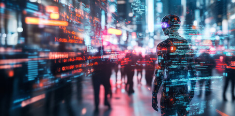 Poster - A humanoid robot stands in a bustling city, observing the vibrant lights and digital displays. People rush by, unaware of its presence. The scene reflects the intersection of technology and humanity.