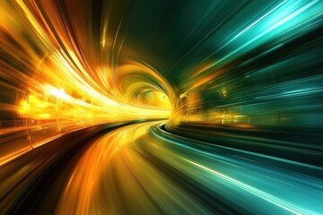Poster - Dynamic abstract light trails illustrate motion through a vibrant tunnel of color
