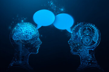 Poster - Two blue translucent heads, one with a brain, the other with gears, communicate via speech bubbles, symbolizing AI interaction and communication technology