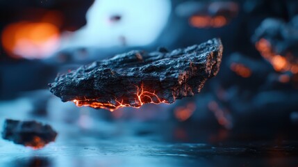 Wall Mural - Floating fiery rocks in a dark futuristic environment