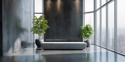 Poster - modern interior scene showcasing a light gray bench against a dark wall, flanked by potted plants ne