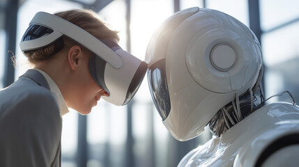 Poster - Close-up of woman and robot wearing VR headsets, facing each other symbolizing human-AI interaction, technological advancement, future of work