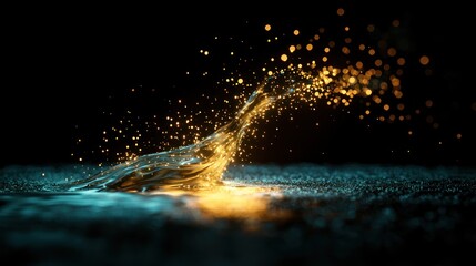 Sticker - Golden liquid splash on dark surface with particles