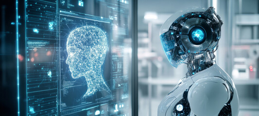 Fototapete - A synthetic robot analyzes digital representations of human consciousness within a futuristic lab.