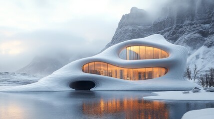 Poster - A futuristic building designed with biomaterials showcases ecofriendly architecture. Set against a snowy mountain backdrop, it reflects a commitment to sustainability and innovation.
