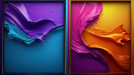 Wall Mural - Abstract vibrant paint splashes in gold frames, vibrant colors background