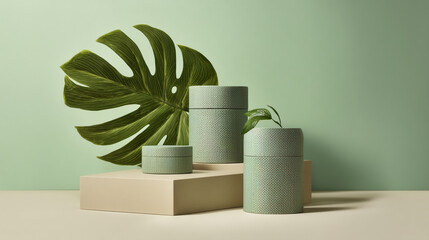 Poster - Green textured containers on beige platform with large green leaf, showcasing product display, minimalist aesthetic, promoting serenity and nature