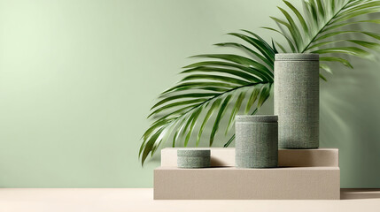 Aufkleber - Green textured containers on beige podium with palm leaf, against a pale green wall.  Showcase of product display, ideal for home decor or minimalist branding