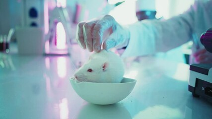 Wall Mural - scientific research involving white laboratory rat attempting escape from transparent bowl during co