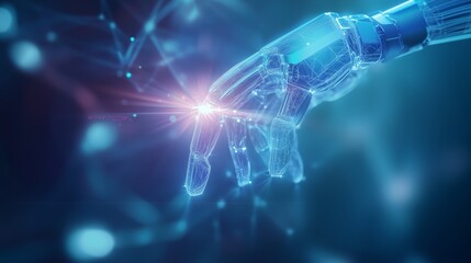 Poster - Robotic hand reaching out to a glowing point of light in a futuristic digital environment