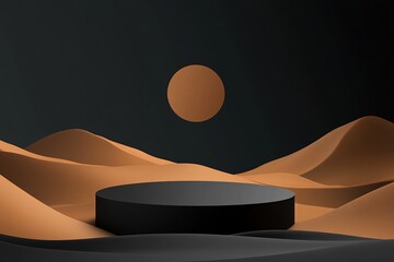 Poster - Black podium on a desert landscape with a circle in the background under a dark sky illustration