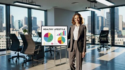 Poster - Professional female nutritionist analyzing health data, presenting wellness insights with infographic charts in modern corporate office overlooking urban cityscape