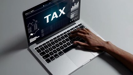 Poster - Accountant is using a laptop to calculate taxes, with the word tax prominently displayed on the screen alongside financial charts and data