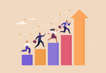 Fototapete - Business Success Concept. Vector cartoon illustration of a group of diverse people in business suits running up a rising graph. Isolated on background