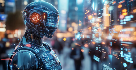 Fototapete - A synthetic robot stands in a bustling urban environment, illuminated by vibrant lights and screens.