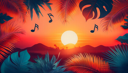 Poster - Colorful sunset with tropical leaves and musical notes in the foreground