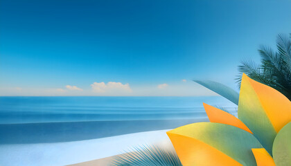 Poster - Vibrant beach scene with palm leaves and a clear blue sky