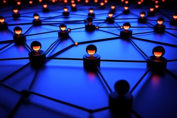 Poster - Glowing spheres connected by lines on a blue surface creating a network visual representation