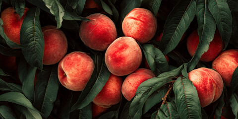 Fototapete - Close-up of ripe peaches on a branch with dark green leaves, showcasing their fuzzy texture and vibrant red hue, representing freshness, abundance, and summer harvest