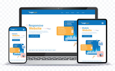 Poster - Laptop Computer, Tablet PC and Mobile Phone Screen With Responsive Website Design. Vector illustration template for business mobile friendly website and app screen.