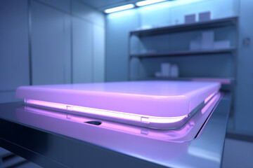 Aufkleber - Close-up of illuminated, purple surface on a metallic table in a sterile room, showcasing a clean, modern aesthetic, ideal for technology or medical product displays