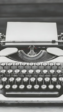Vintage typewriter with blank paper ready for writing, dark background, nostalgic office scene, ideal for creative writing projects