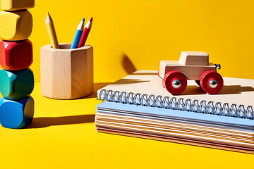 Aufkleber - Colorful wooden toys, pencils in wooden holder, and spiral notebooks on yellow backgroundShowcase of children's educational or creative supplies, symbolizing learning and play