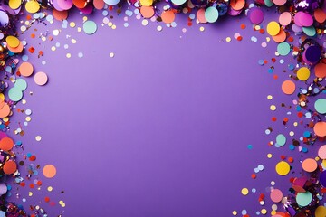 Poster - Colorful confetti and circles scattered around a purple background creating a festive frame effect