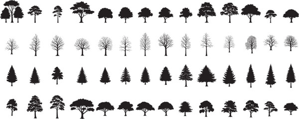 silhouette tree line drawing set, side view, set of graphics trees elements outline symbol for archi