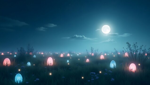Whimsical nighttime Easter tree adorned with glowing eggs under a full moon, surrounded by colorful eggs on the ground. Magical, serene celebration scene.