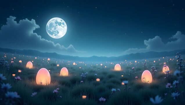 Whimsical nighttime Easter tree adorned with glowing eggs under a full moon, surrounded by colorful eggs on the ground. Magical, serene celebration scene.