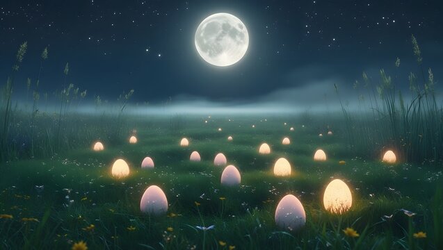 Whimsical nighttime Easter tree adorned with glowing eggs under a full moon, surrounded by colorful eggs on the ground. Magical, serene celebration scene.