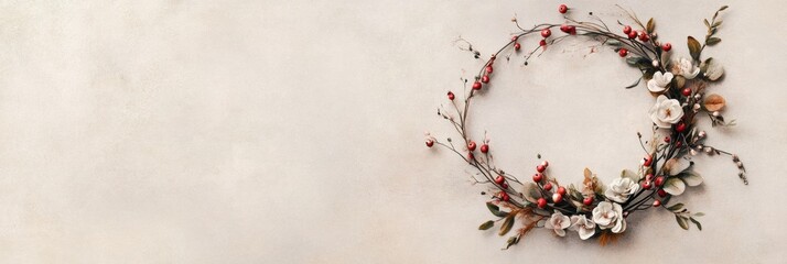 Poster - Wreath of tiny flowers and berries on a soft textured background in Lapki illustration style depicting natures beauty