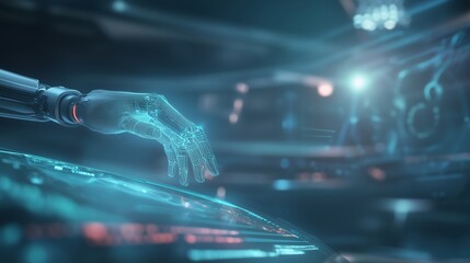 Poster - Futuristic robotic hand interacting with digital interface in a high-tech environment