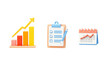© vision code - Illustration of bar graph with arrow, clipboard with pen, and calendar on a black background