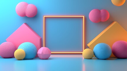 Poster - Pastel Geometric Shapes with Neon Frame 3D Render