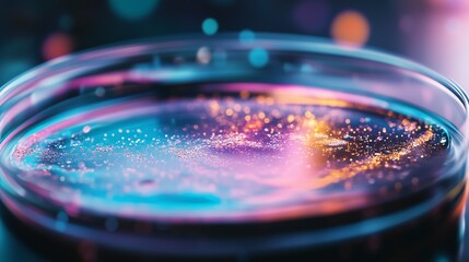 Poster - Colorful liquid with shimmering particles captured in a glass vessel during nighttime setting
