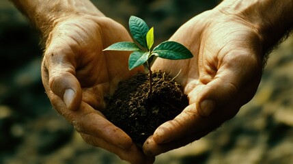 Aufkleber - Nurturing hands protect a tiny tree sprouting from rich soil against a clean, natural backdrop during daylight hours