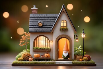 a cozy garden scene with halloween decorations and a gnome hiding in a pumpkin patch