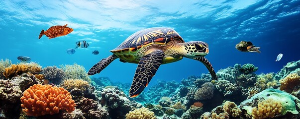 Poster - Graceful sea turtle swimming through a vivid underwater coral reef with diverse oceanic life : Generative AI