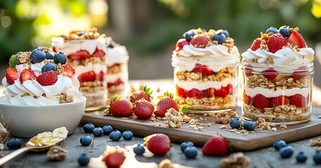 Aufkleber - Delicious Layers of Fresh Fruits and Creamy Whipped Topping in Jars for a Tasty Dessert Display : Generative AI