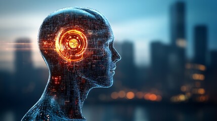Leinwandbilder - Futuristic Human Head with Neon Brain Interface against Urban Skyline Background : Generative AI