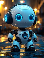 Aufkleber - Cute and Futuristic Blue Eyed Robot with Headphones Standing in Neon City Light : Generative AI