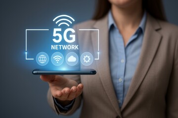 Poster - Businesswoman holding a smartphone with a holographic projection of 5g network connectivity, representing global communication and technological advancement