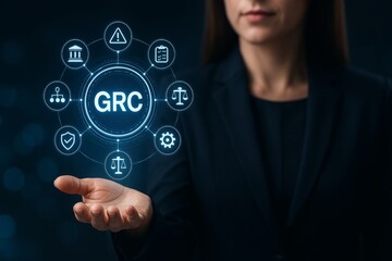 Poster - Businesswoman is holding a futuristic virtual interface showing grc, governance, risk and compliance concept with icons related to government, risk, policy, legal and security