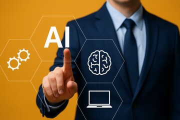 Poster - Businessman touching virtual screen with ai inscription, integrating artificial intelligence into business processes using laptop and representing machine learning and neural networks