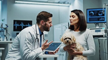 Aufkleber - Caring professional veterinarian providing medical diagnosis on digital tablet while comforting worried pet owner holding small dog in modern veterinary clinic setting