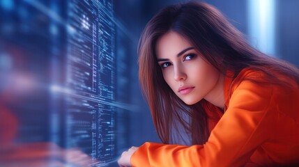 Poster - Tech Visionary: A woman with determined gaze, immersed in a digital world, symbolizing innovation and technology, gazing into the future, where data and technology intertwine.